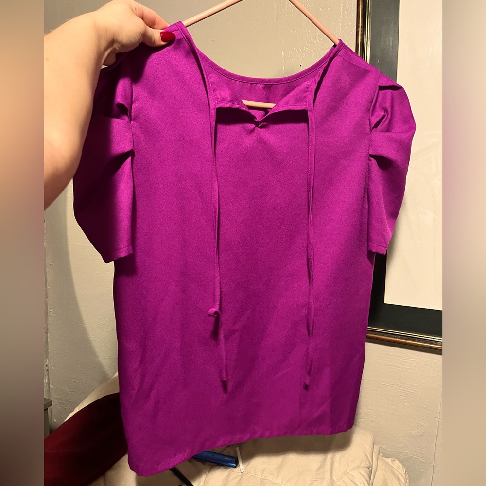 Pink and Purple Puff Sleeve Blouse with Tie Front and Sailor Collar